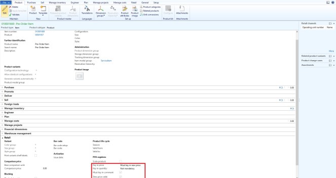 Retail setting on item